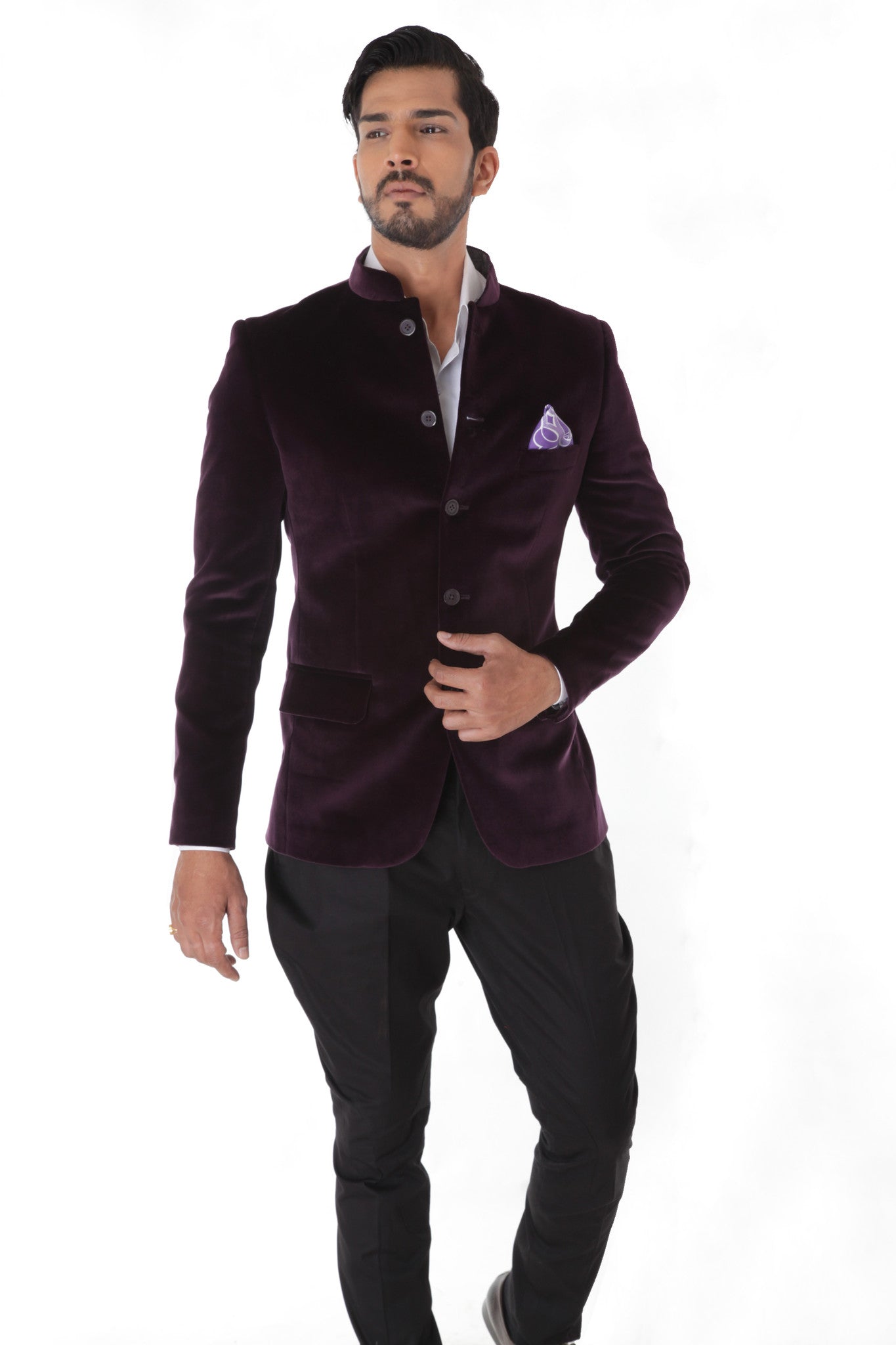 WINE VELVET BANDHGALA JACKET