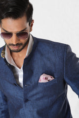 Blue Linen Bandhgala Jacket White Breeches
