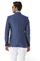 Blue Linen Bandhgala Jacket White Breeches