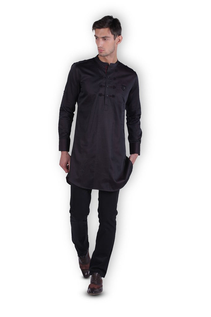 Designer Black Silk Kurta - Main Image
