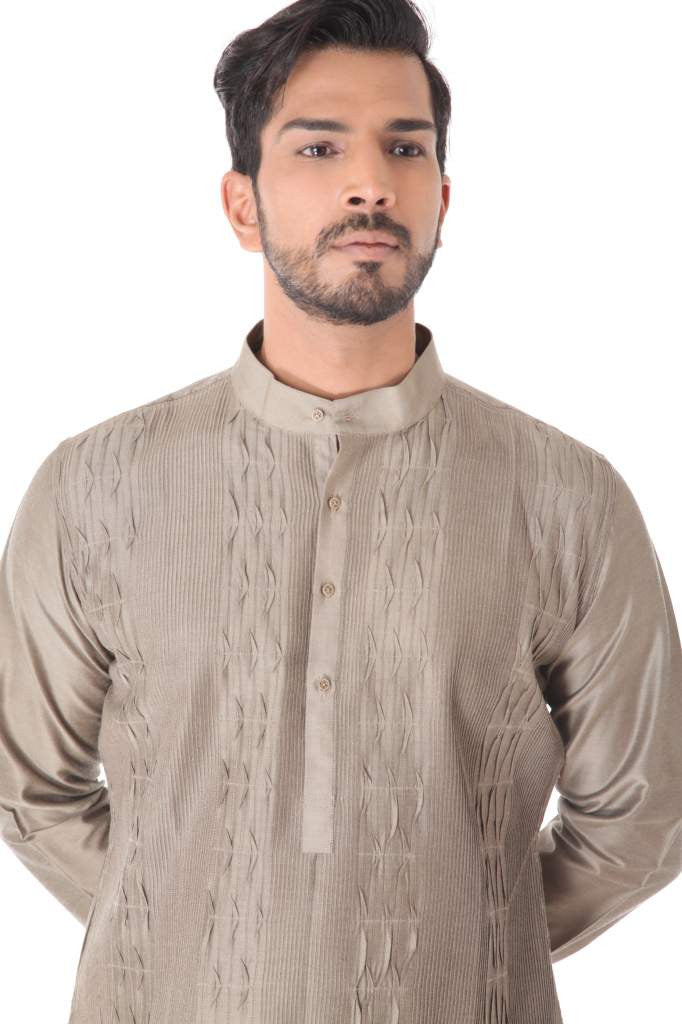 BEIGE COTTON SILK BLEND PINTUCK KURTA WITH BLACK CHURIDAR