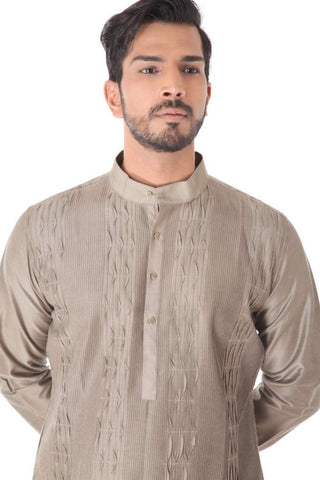 Beige Cotton Silk Blend Pintuck Kurta with Black Churidar