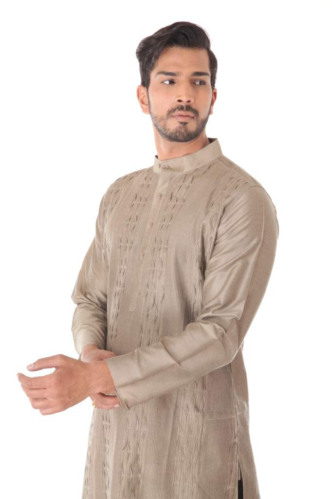 BEIGE COTTON SILK BLEND PINTUCK KURTA WITH BLACK CHURIDAR