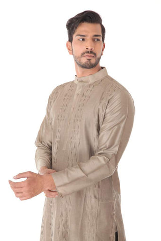 Beige Cotton Silk Blend Pintuck Kurta with Black Churidar