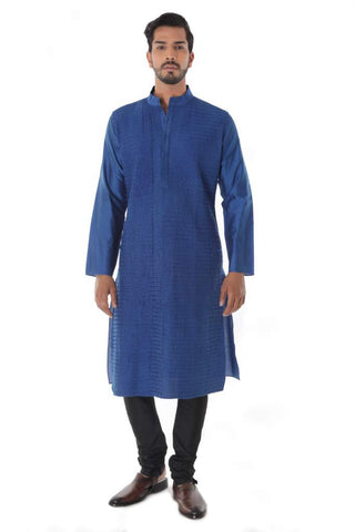 Blue Cotton Silk Blend Pintuck Kurta with Black Churidar