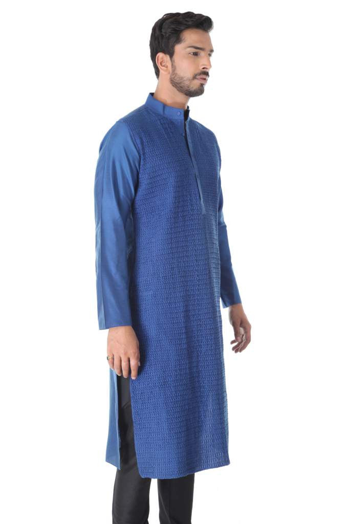 BLUE COTTON SILK BLEND PINTUCK KURTA WITH BLACK CHURIDAR