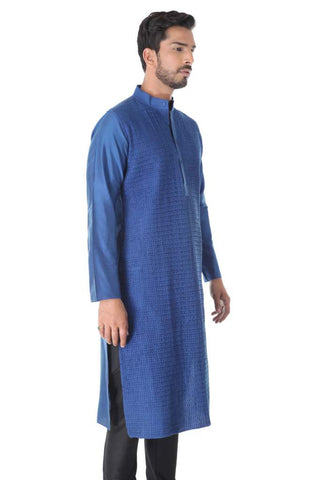 Blue Cotton Silk Blend Pintuck Kurta with Black Churidar