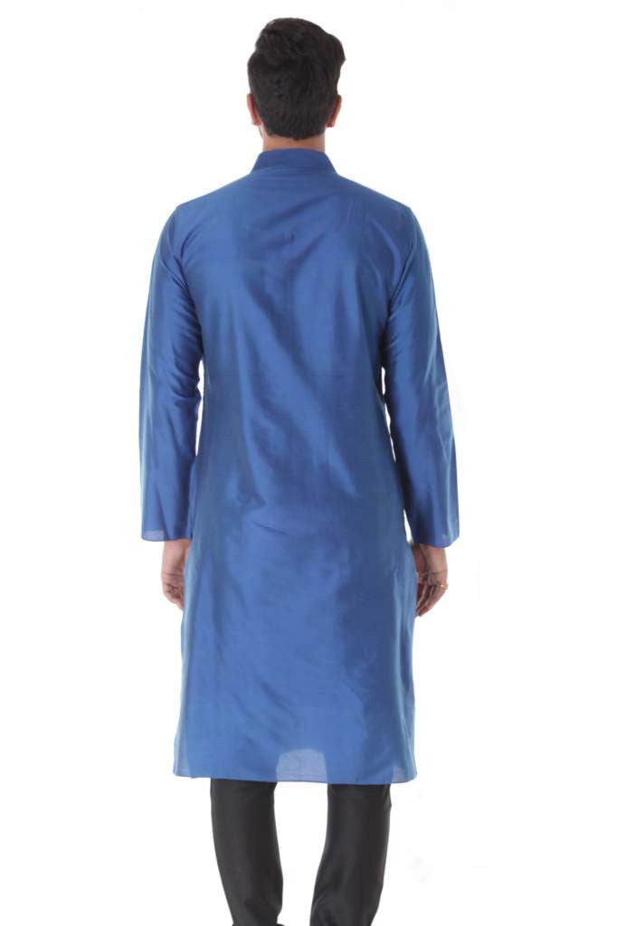 BLUE COTTON SILK BLEND PINTUCK KURTA WITH BLACK CHURIDAR