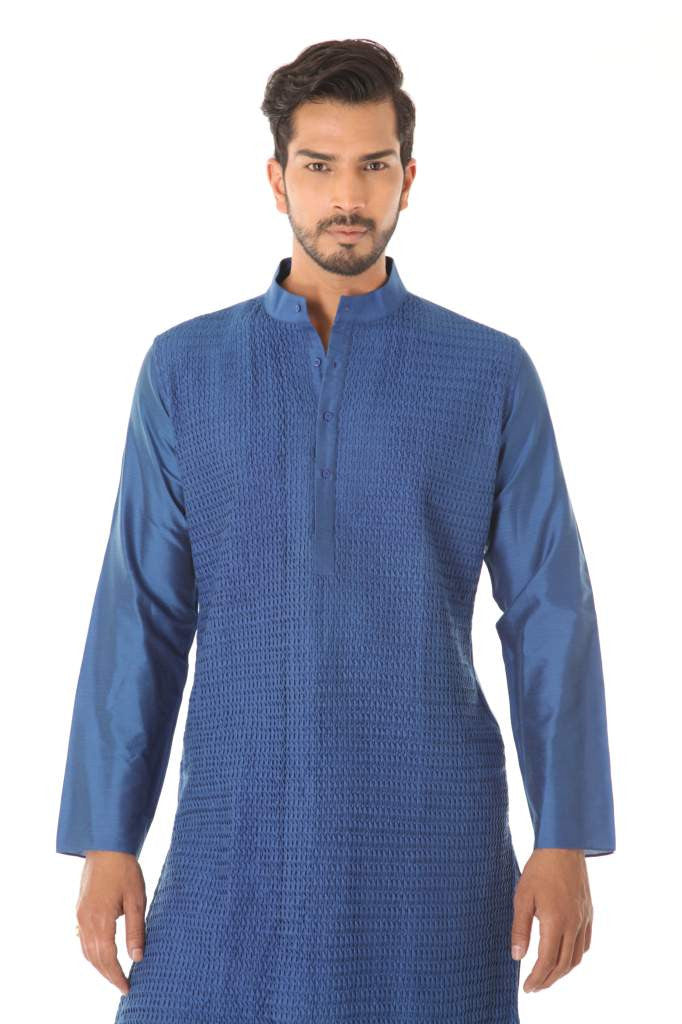 BLUE COTTON SILK BLEND PINTUCK KURTA WITH BLACK CHURIDAR
