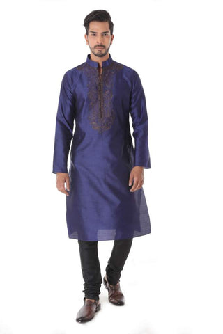 Blue Silk Blend Jacquard Kurta with Front Embroidery & Churidar
