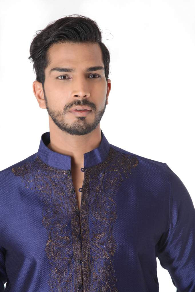 BLUE SILK BLEND JACQUARD KURTA WITH FRONT EMBROIDERY & CHURIDAR