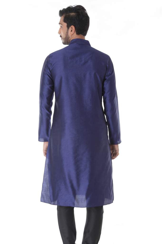 BLUE SILK BLEND JACQUARD KURTA WITH FRONT EMBROIDERY & CHURIDAR