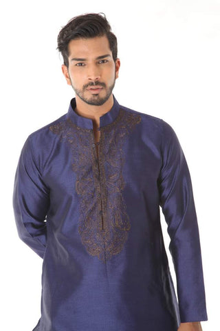 Blue Silk Blend Jacquard Kurta with Front Embroidery & Churidar