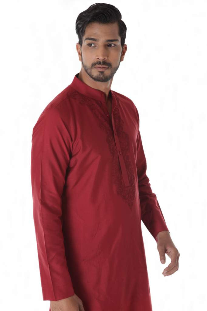 MAROON SILK JACQUARD KURTA WITH FRONT EMBROIDERY & CHURIDAR