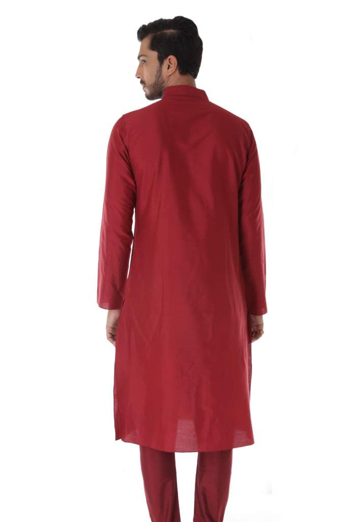 MAROON SILK JACQUARD KURTA WITH FRONT EMBROIDERY & CHURIDAR