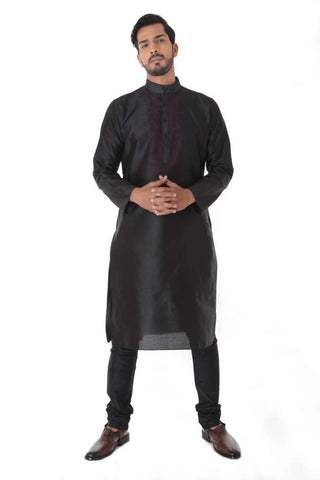 Black Silk Blend Jacquard Kurta front Embroidery with Churidar