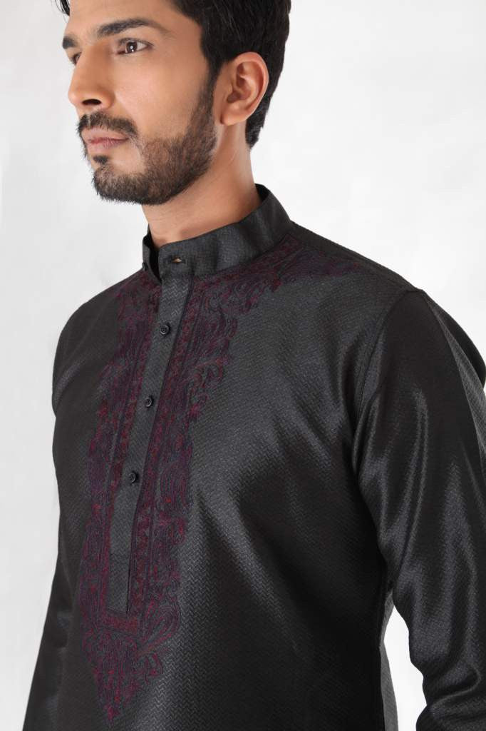 BLACK SILK BLEND JACQUARD KURTA FRONT EMBROIDERY WITH CHURIDAR