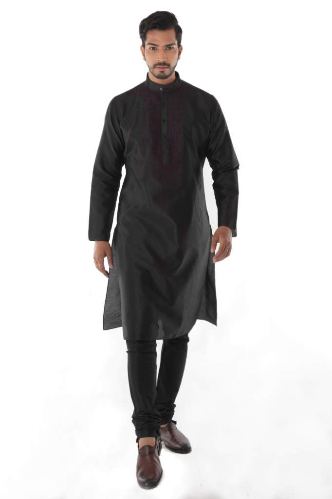 BLACK SILK BLEND JACQUARD KURTA FRONT EMBROIDERY WITH CHURIDAR