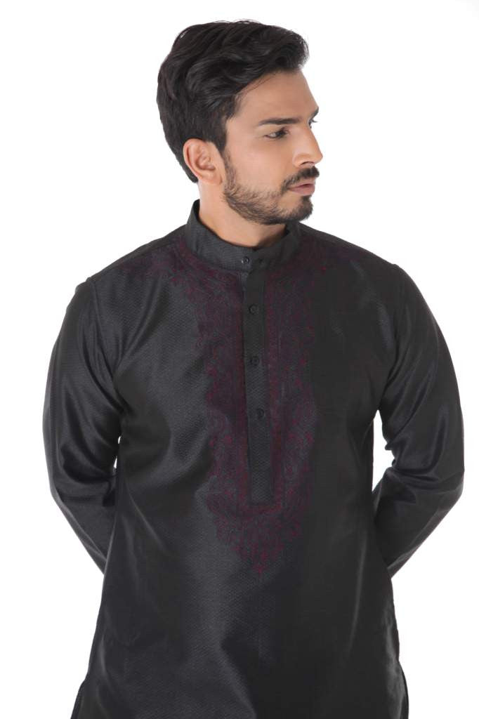 BLACK SILK BLEND JACQUARD KURTA FRONT EMBROIDERY WITH CHURIDAR
