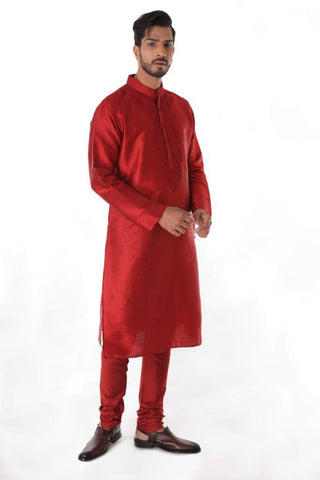 Maroon Silk Blend Jacquard Kurta with Front Embroidery & Churidar
