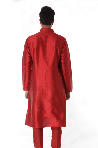 Maroon Silk Blend Jacquard Kurta with Front Embroidery & Churidar