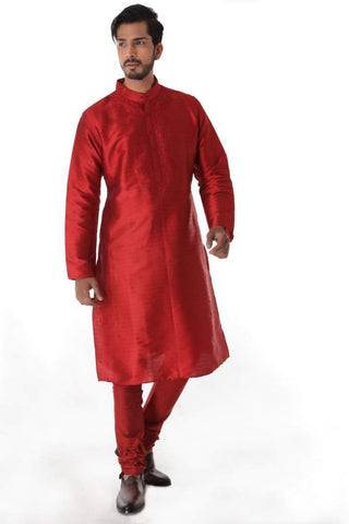 Maroon Silk Blend Jacquard Kurta with Front Embroidery & Churidar
