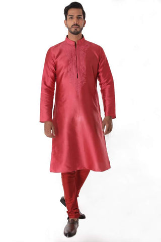 Light Maroon Silk Jacquard Kurta with Front Embroidery & Churidar