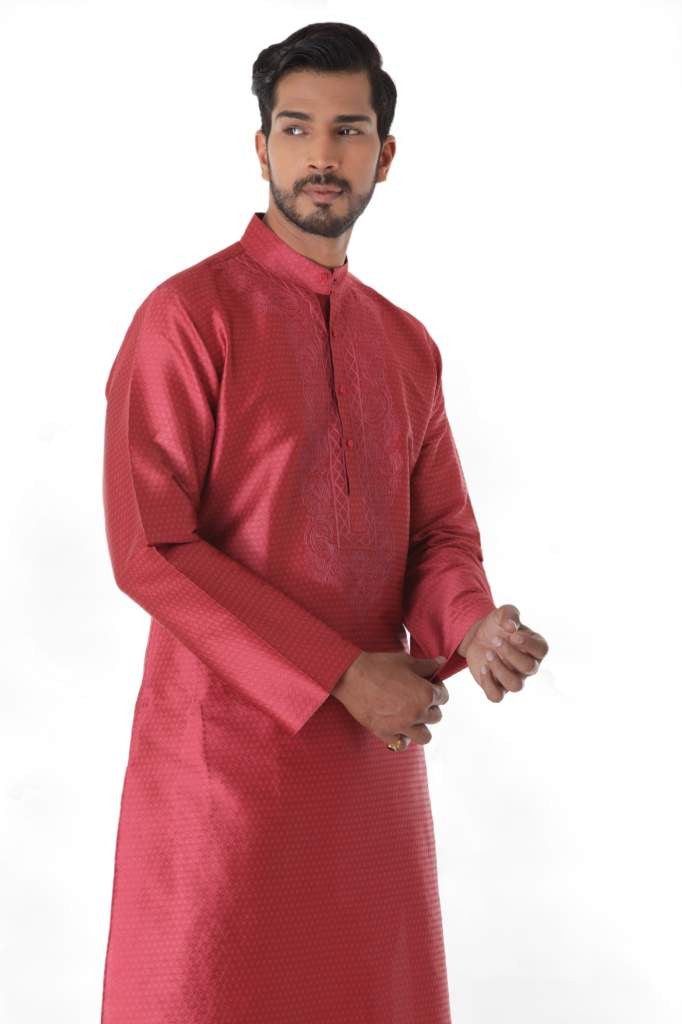LIGHT MAROON SILK JACQUARD KURTA WITH FRONT EMBROIDERY & CHURIDAR