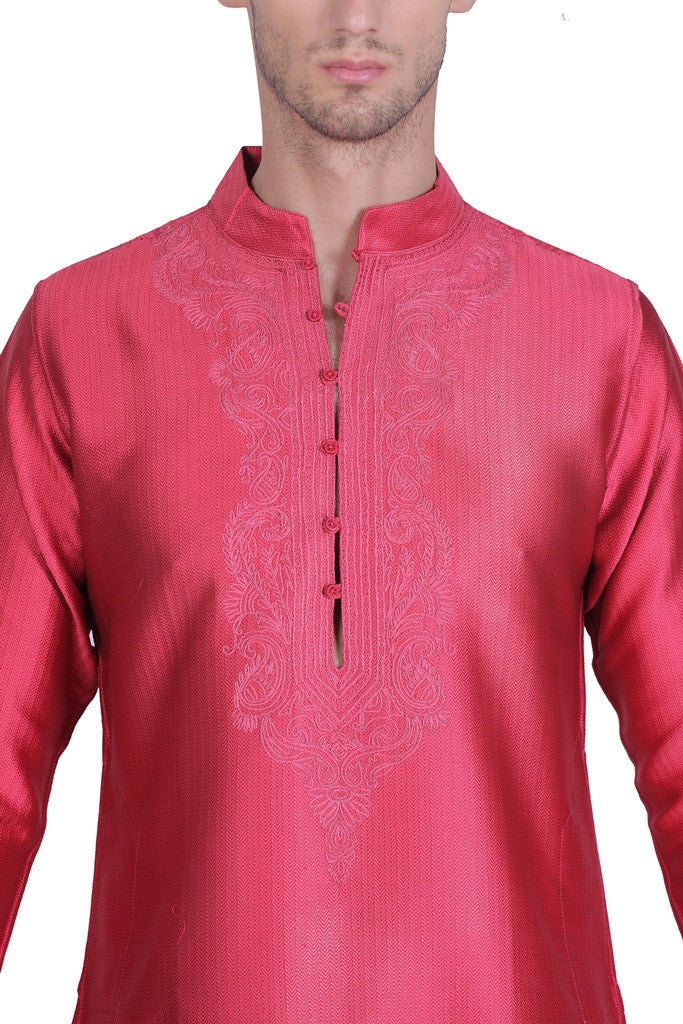 MEN'S COTTON RED SILK KURTA