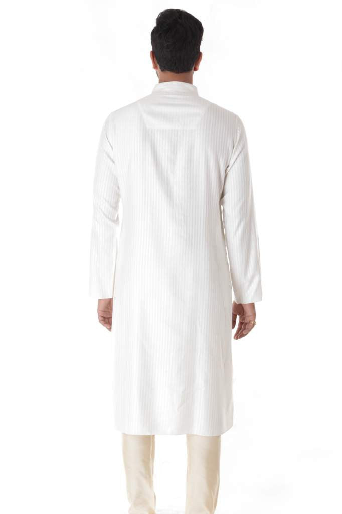 OFF WHITE BLEND JACQUARD KURTA WITH FRONT EMBROIDERY & CHURIDAR