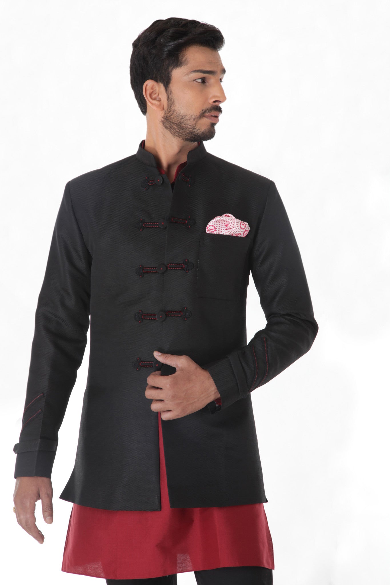 BLACK JACQUARD LINEN SILK BANDHGALA JACKET SET