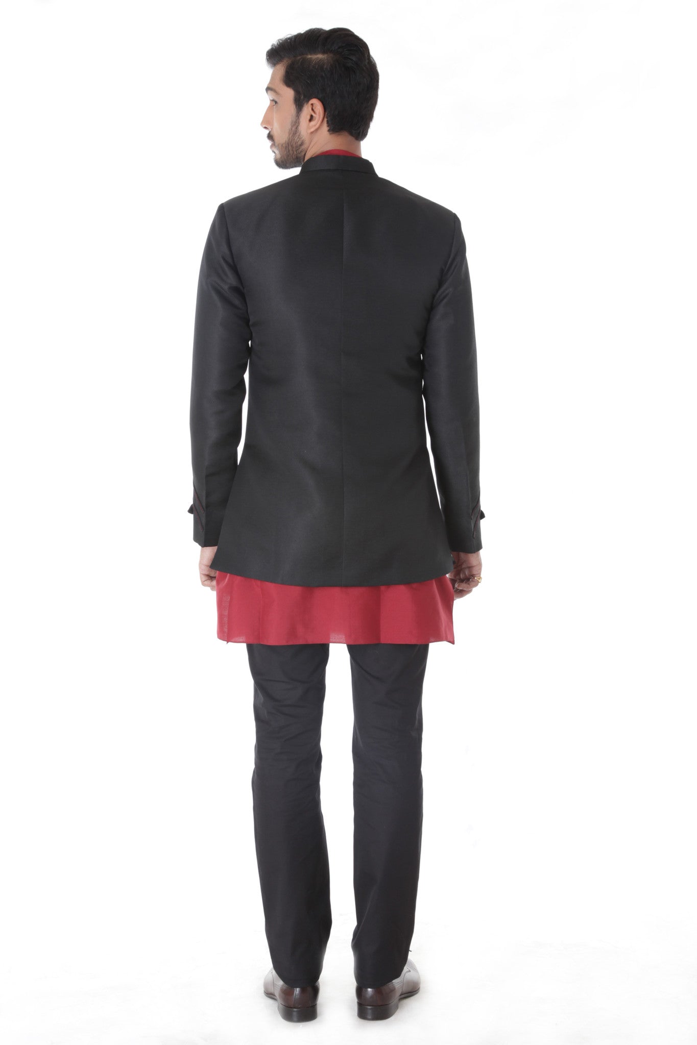 BLACK JACQUARD LINEN SILK BANDHGALA JACKET SET