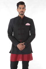Black Jacquard Linen Silk Bandhgala Jacket Set