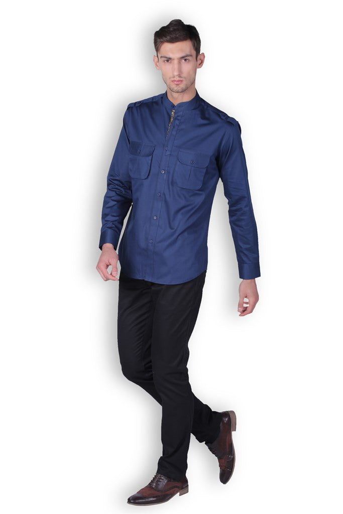 MEN'S FULL SLEEVE NAVY COTTON SATIN SHIRT