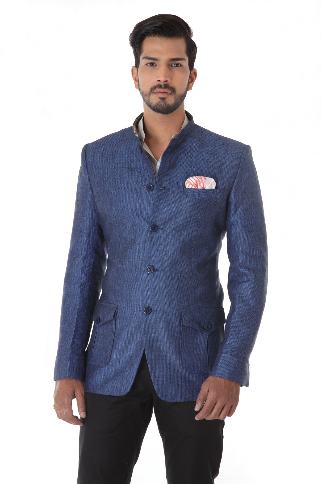 BLUE LINEN  BANDHGALA JACKET WITH FLAP POCKET