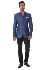 Blue Linen  Bandhgala Jacket With Flap Pocket