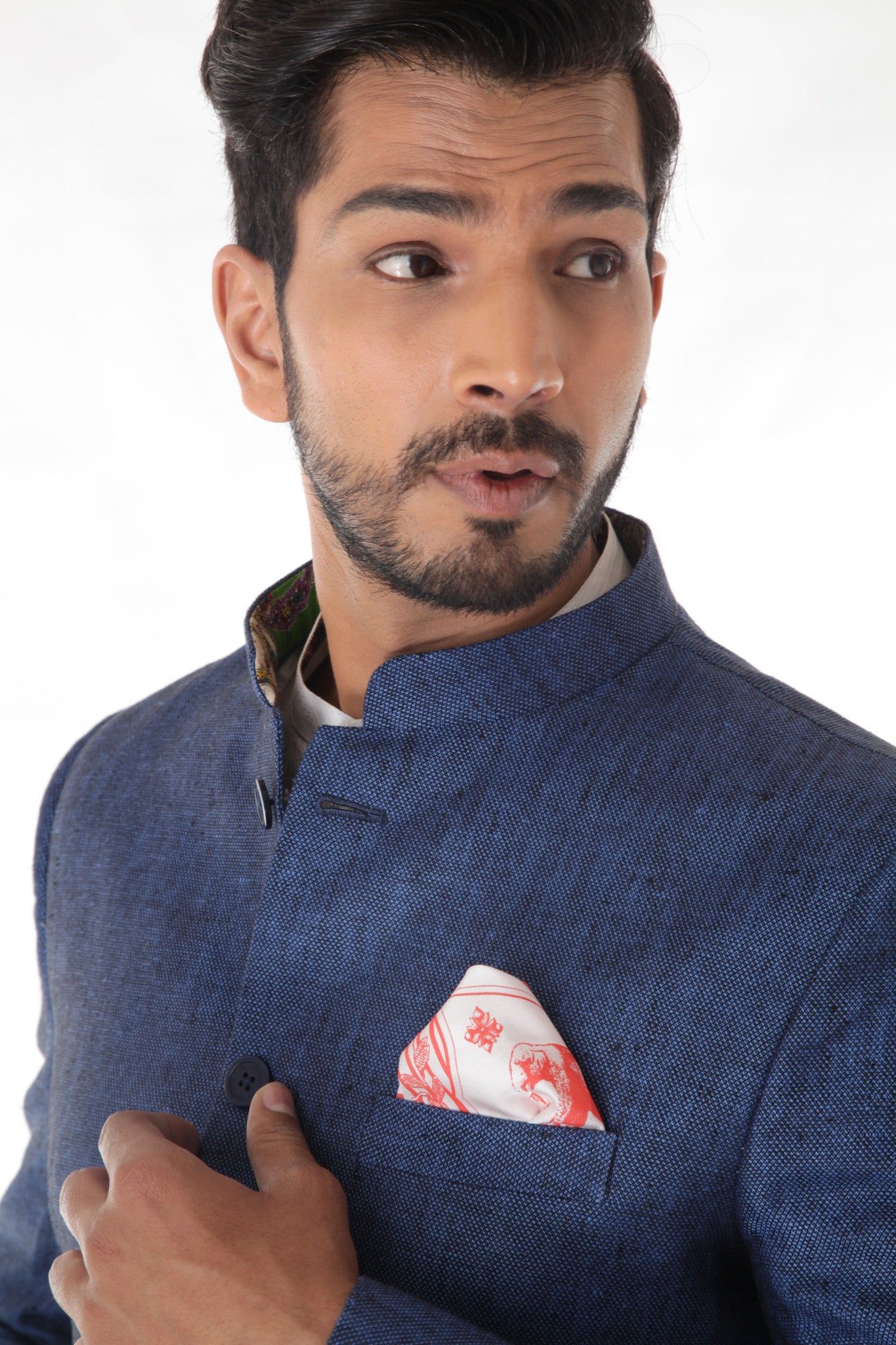 BLUE LINEN  BANDHGALA JACKET WITH FLAP POCKET