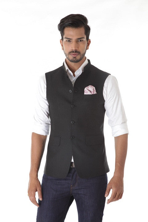 BLACK TEXTURED WOOL WAISTCOAT