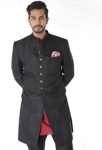 Ethnic Jacquard Black Achkan With  Maroon Kurta Set